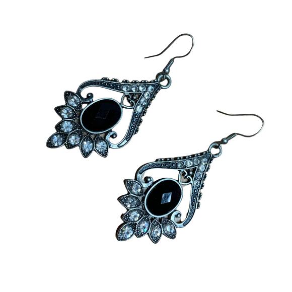 Vintage Women's Gray Dangle Teardrop Rhinestone Gemstone Earrings - Picture 1 of 4